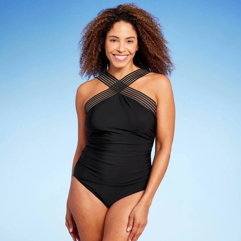 NWT Aqua Green Swimwear Women's UPF 50 Crossover Neck One-piece Swimsuit Large